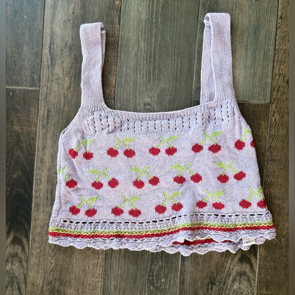 Zara Purple Cherry Knit Cropped Tank Top
